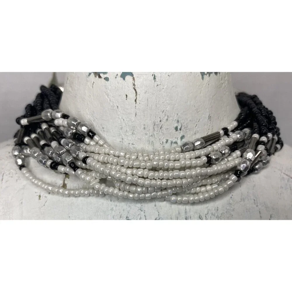 Glass Bead BRACELET Braided Seed Bead Chunky Southwesten Jewelry Black & White - Picture 2 of 5